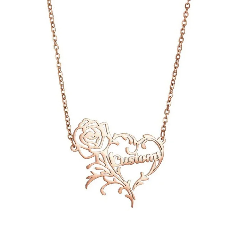 Custom Name Rose Heart Charm N - Birth Flower Necklace ulasan dan harga